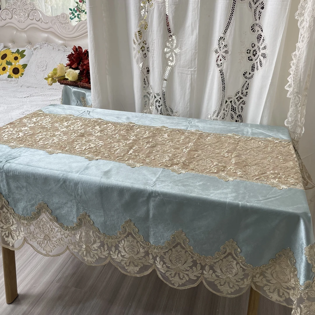 DY009-6金丝绒(130*180cm）新蓝色金丝绒车股绣桌布