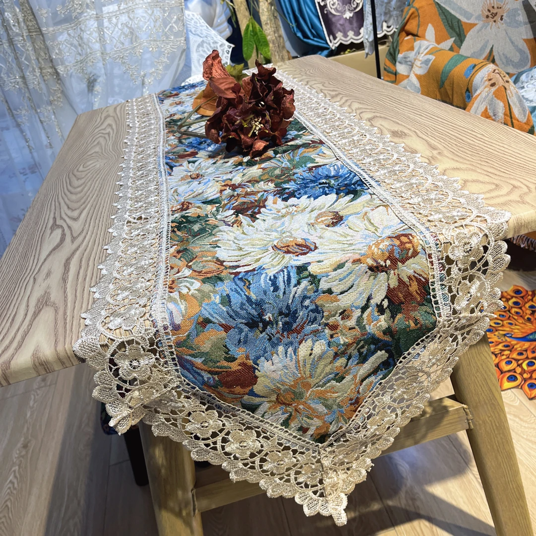 DY247-3棉麻（40*180cm）绿色菊花花边蕾丝边盖巾