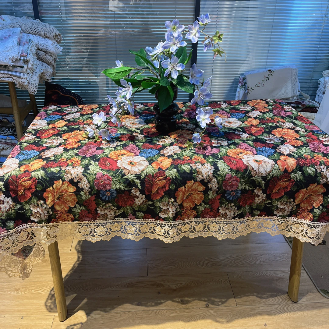 DY231-10棉麻（128*175cm长方）黑底红牡丹花边蕾丝边盖巾桌布复古