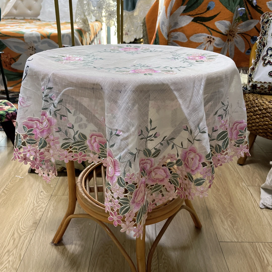 A07-1竹节纱（80cm方）粉玫瑰花粉碎花浪漫款盖巾桌布超好看