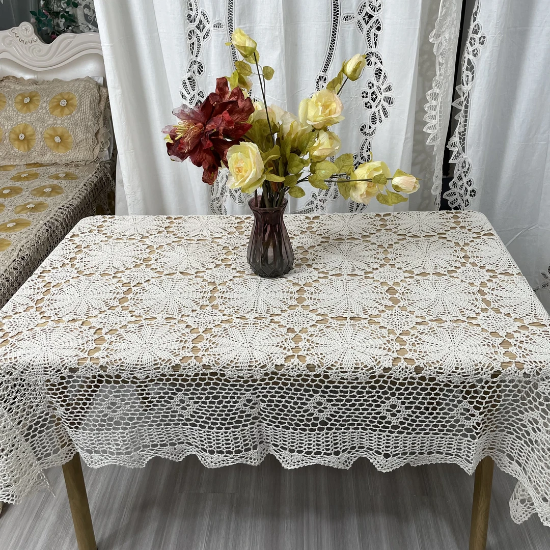 DY228-17棉质（130*180cm长方）米色手工钩针长方桌布