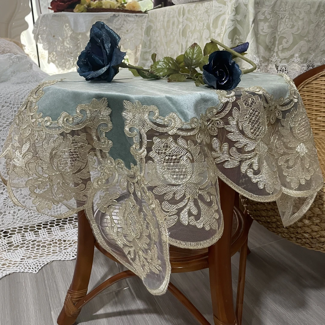 DY009-15金丝绒(90cm方）新蓝色金丝绒车股绣金边盖巾