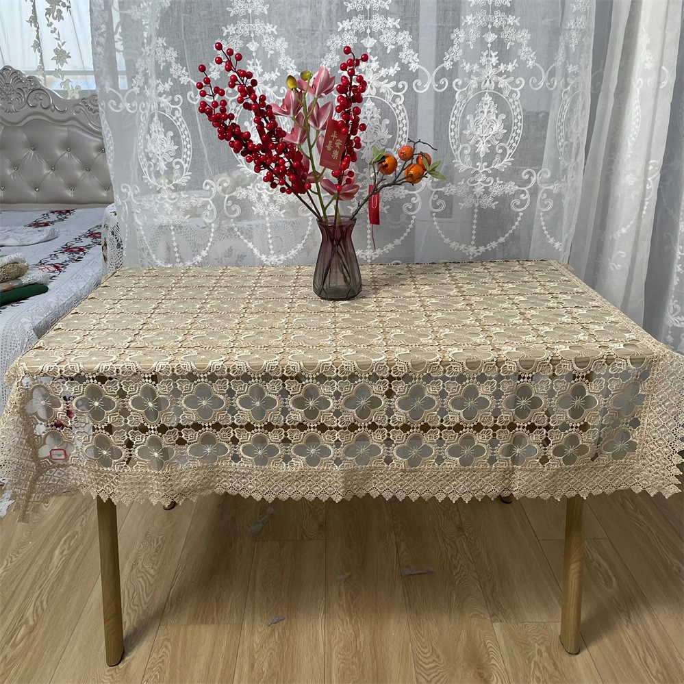 DY017-15丝光线（130*180cm长方）米色镂空满工刺绣桌布