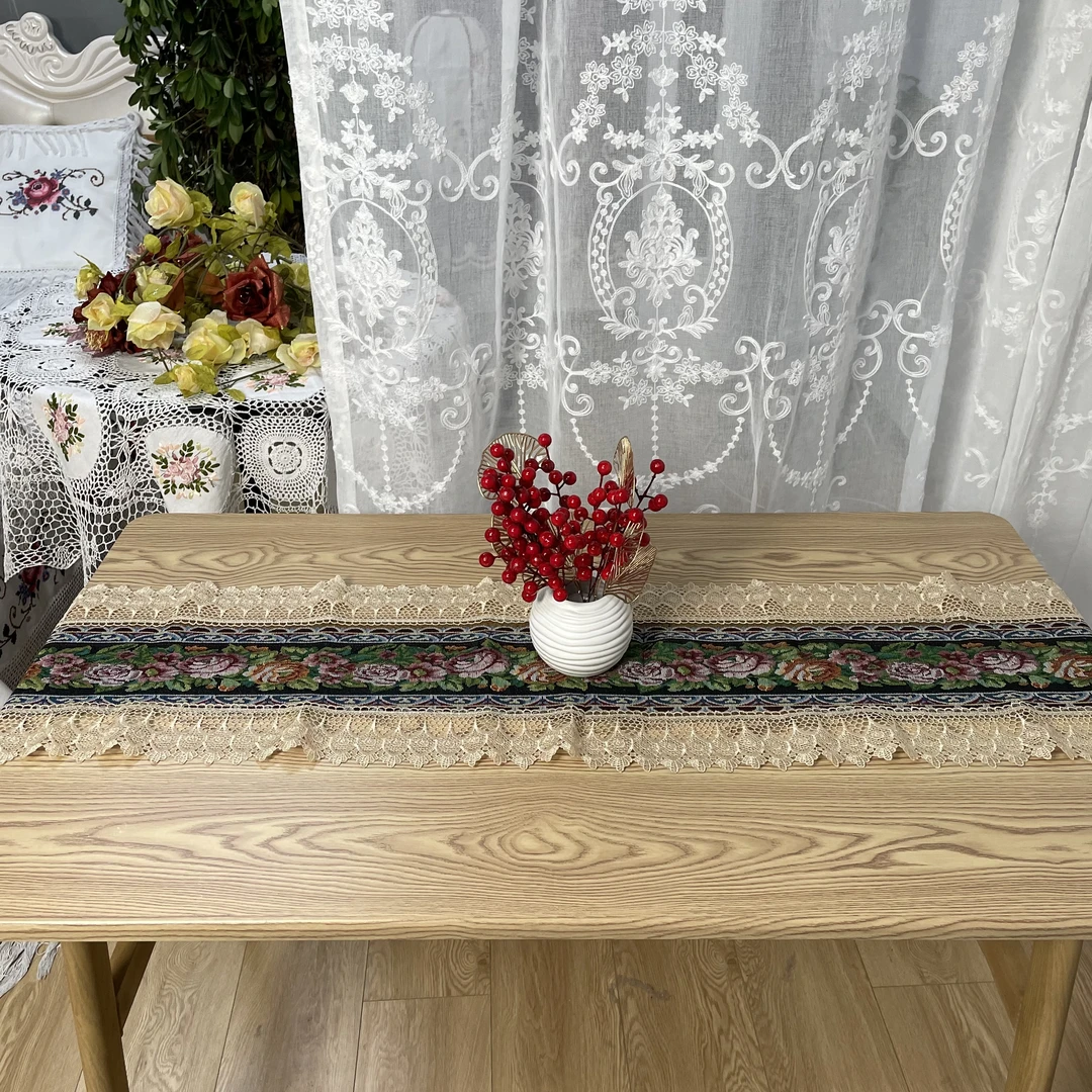 DY239-24 -1棉麻（30*180cm长方）绿咖色牡丹桌旗