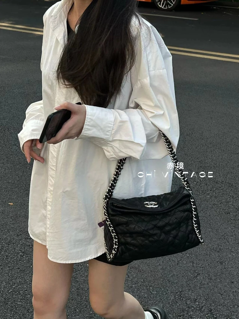 95新 Chanel/香奈儿 0608 黑银滚边链条hobo单肩包14