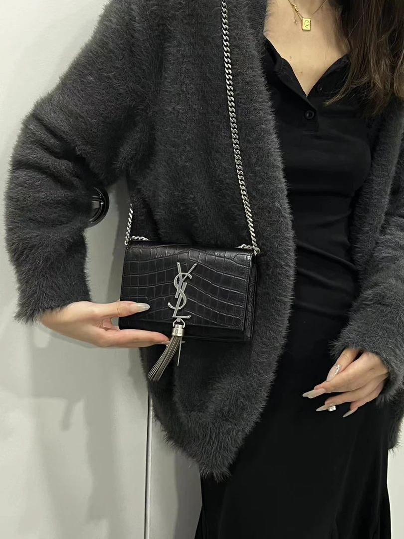 95新 YSL/圣罗兰 5395 黑银鳄鱼压纹kate mini单肩斜挎包