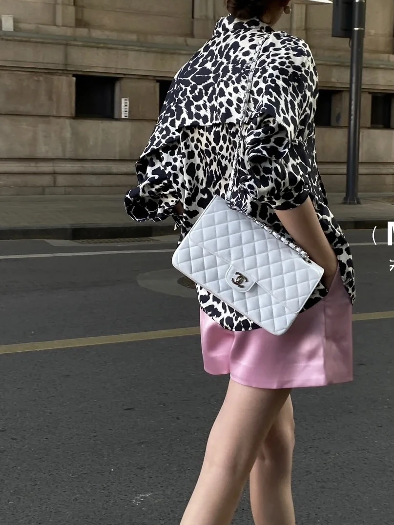 95新 Chanel/香奈儿 7599 浅灰色cf菱格纹单肩包大号16