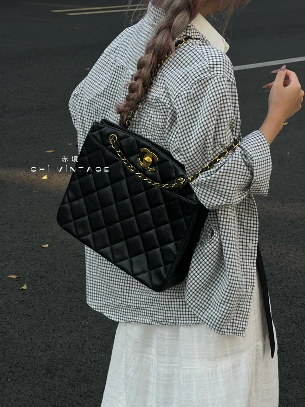 95新 Chanel/香奈儿 5472 黑金荔枝牛贝嫂琴谱单肩中号94-96