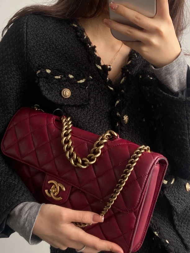 95新 Chanel/香奈儿 2649 酒红金扣硬板孟买单肩包大号12
