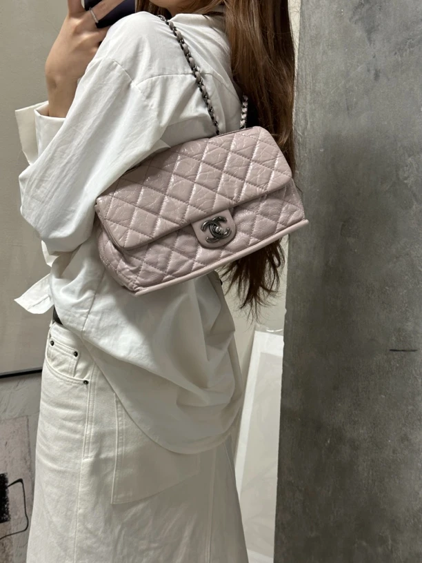 95新 Chanel/香奈儿 9166 烟灰粉油蜡皮cf链条单肩包14-15