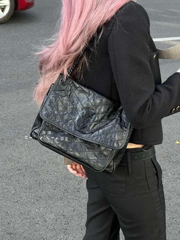 95新 YSL/圣罗兰 1818 黑色niki中号链条单肩包