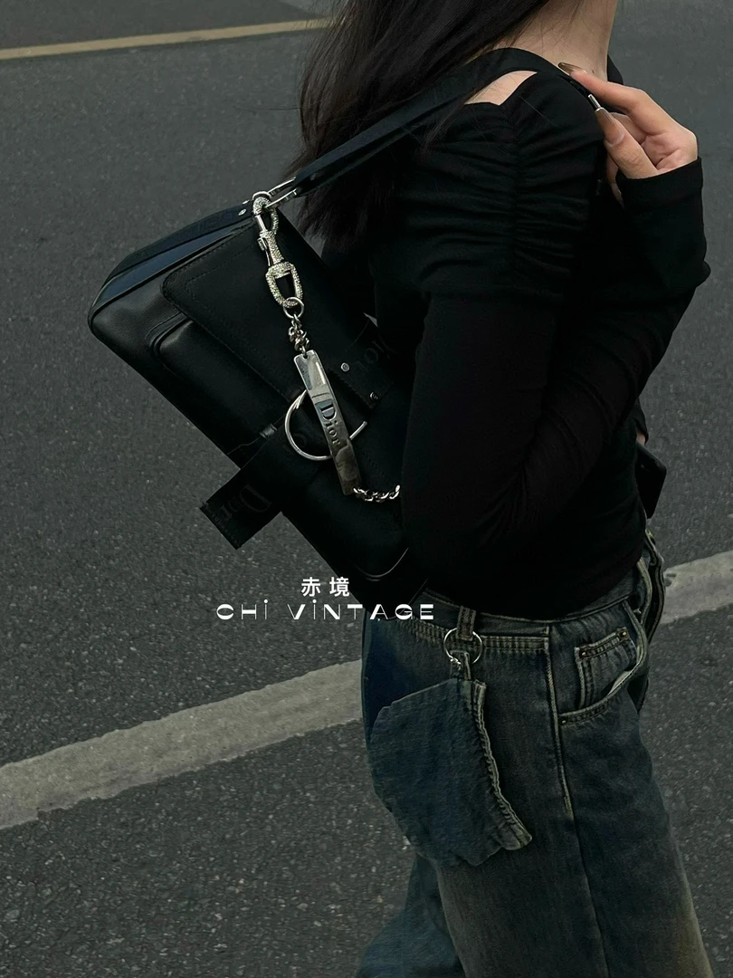 95新 DIOR/迪奥 4600 黑银闪钻龙虾扣单肩包