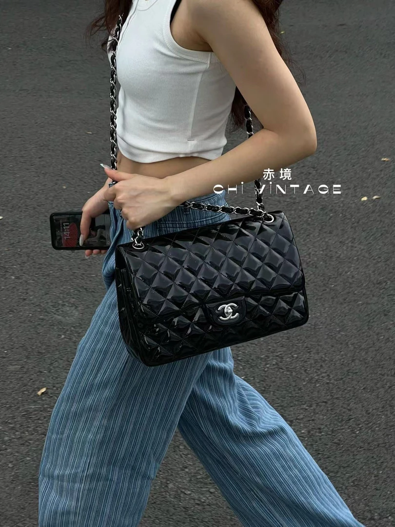 95新 Chanel/香奈儿 5142 黑银漆皮jumbo单肩包 10-11