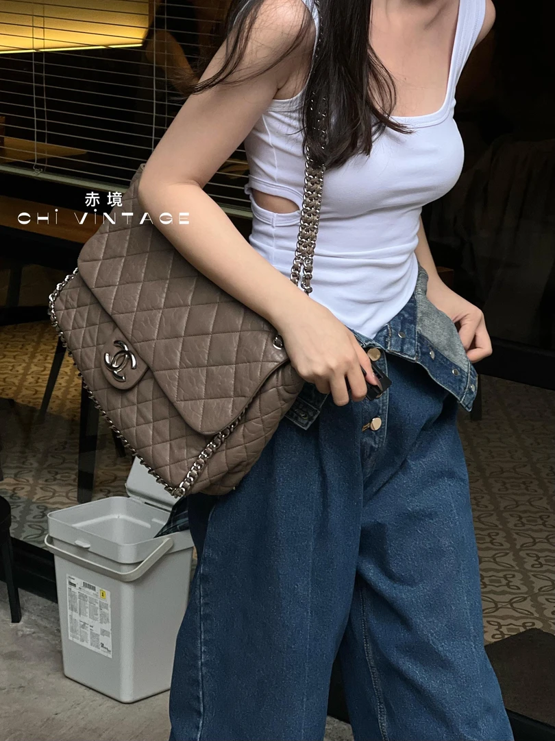 95新 Chanel/香奈儿 0410 卡其色滚边机场单肩包10-11时尚简约