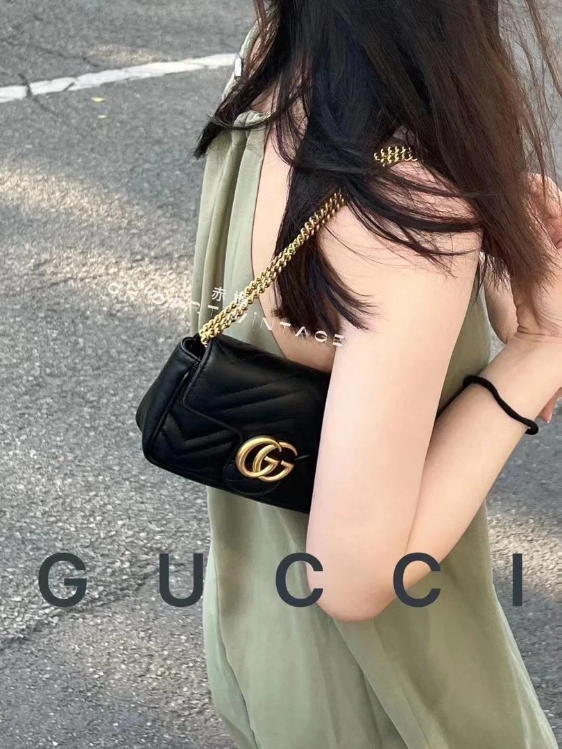 95新 GUCCI/古驰 6677 「特惠品」黑金马蒙marmont迷你mini