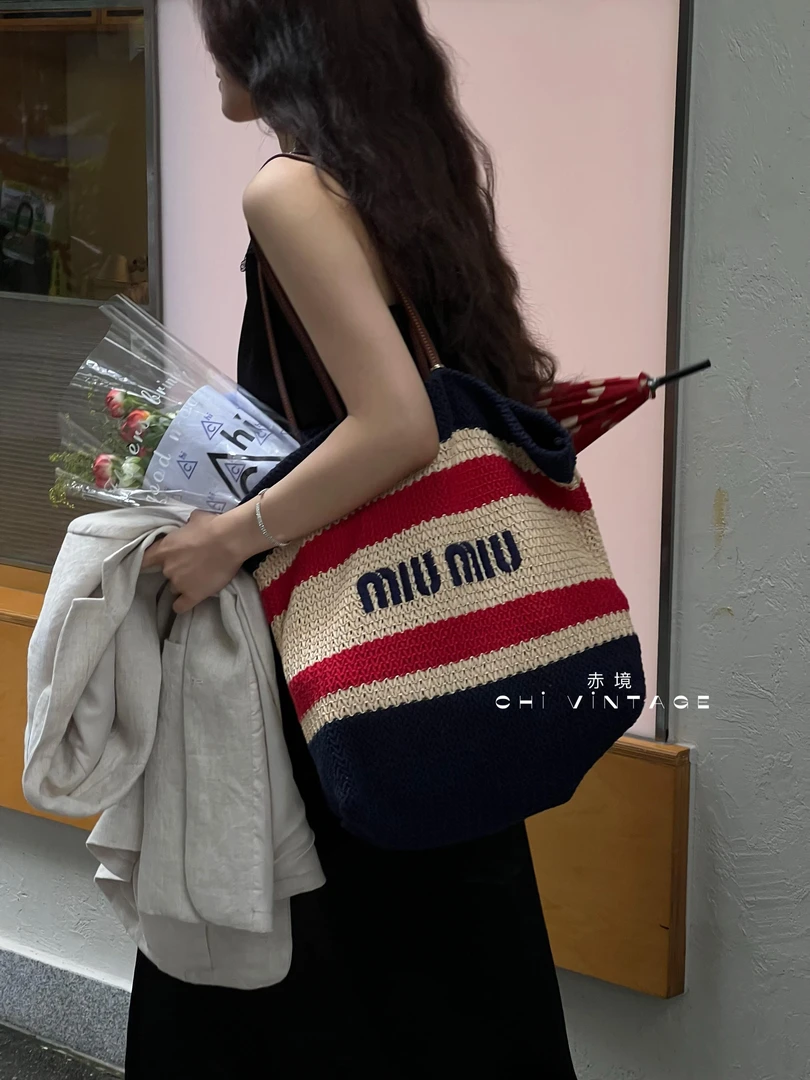95新 MIU MIU/缪缪 3465 条纹草编拼毛线托特单肩包