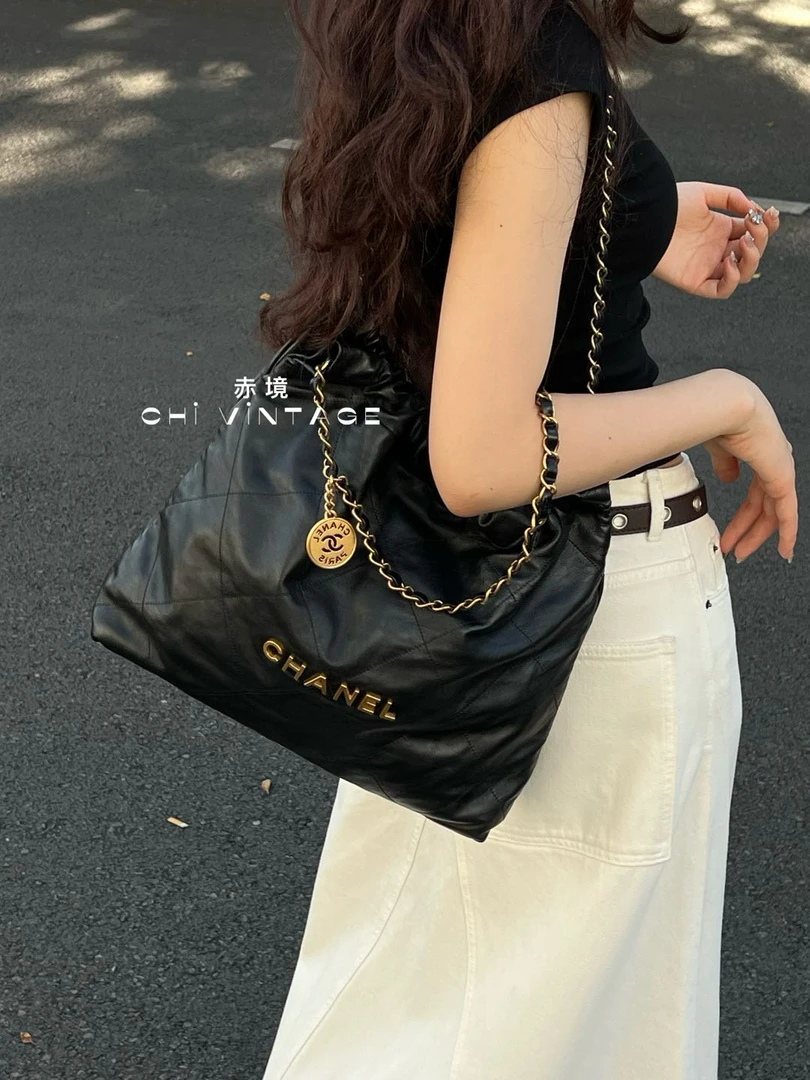 95新 Chanel/香奈儿 7477 黑金垃圾袋22bag中号单肩包
