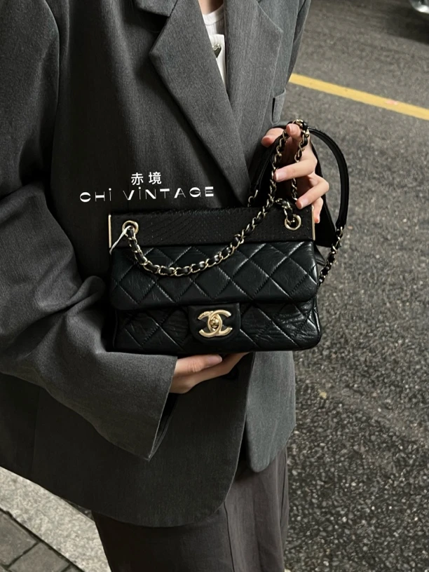 95新 Chanel/香奈儿 9727 黑金蛇皮拼牛皮衣架大mini18
