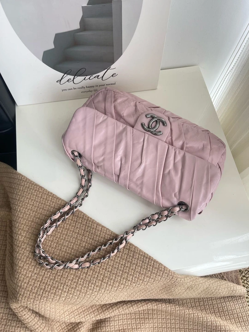 95新 Chanel/香奈儿 6564 粉色褶皱单肩腋下包09-10