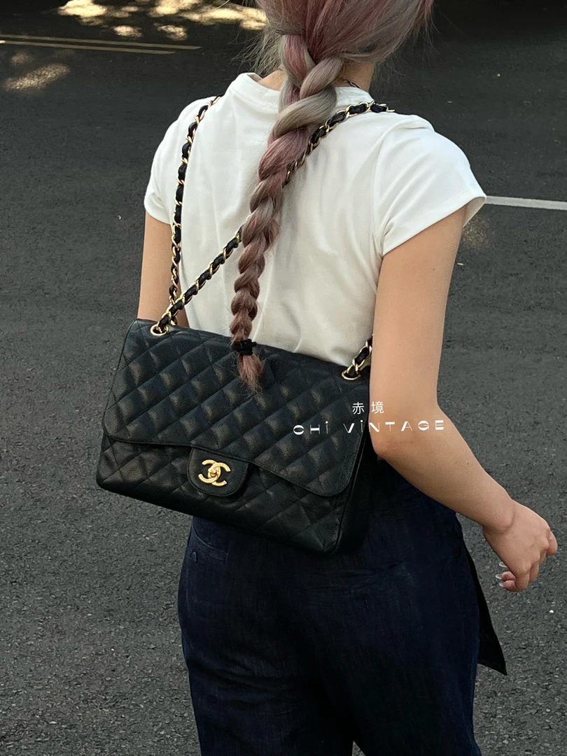 95新 Chanel/香奈儿 6446 黑金荔枝皮cf单肩包jumbo13-14