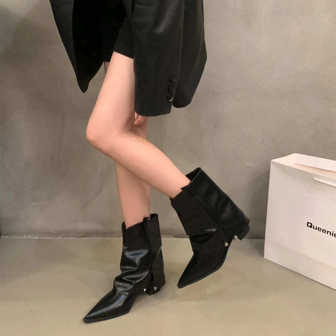 尖头西部牛仔靴裸靴女小个子增高粗跟网红短靴裤管靴2025秋季新款