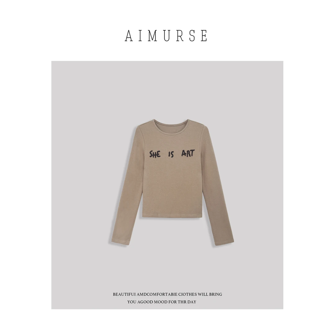 JinJin 小众设计师 字母刺绣毛感简约百搭休闲圆领T恤 AM907