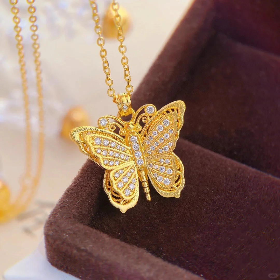 足金999花丝小蝴蝶吊坠黄金镶嵌莫桑项链纯金按克平安夜圣诞礼物