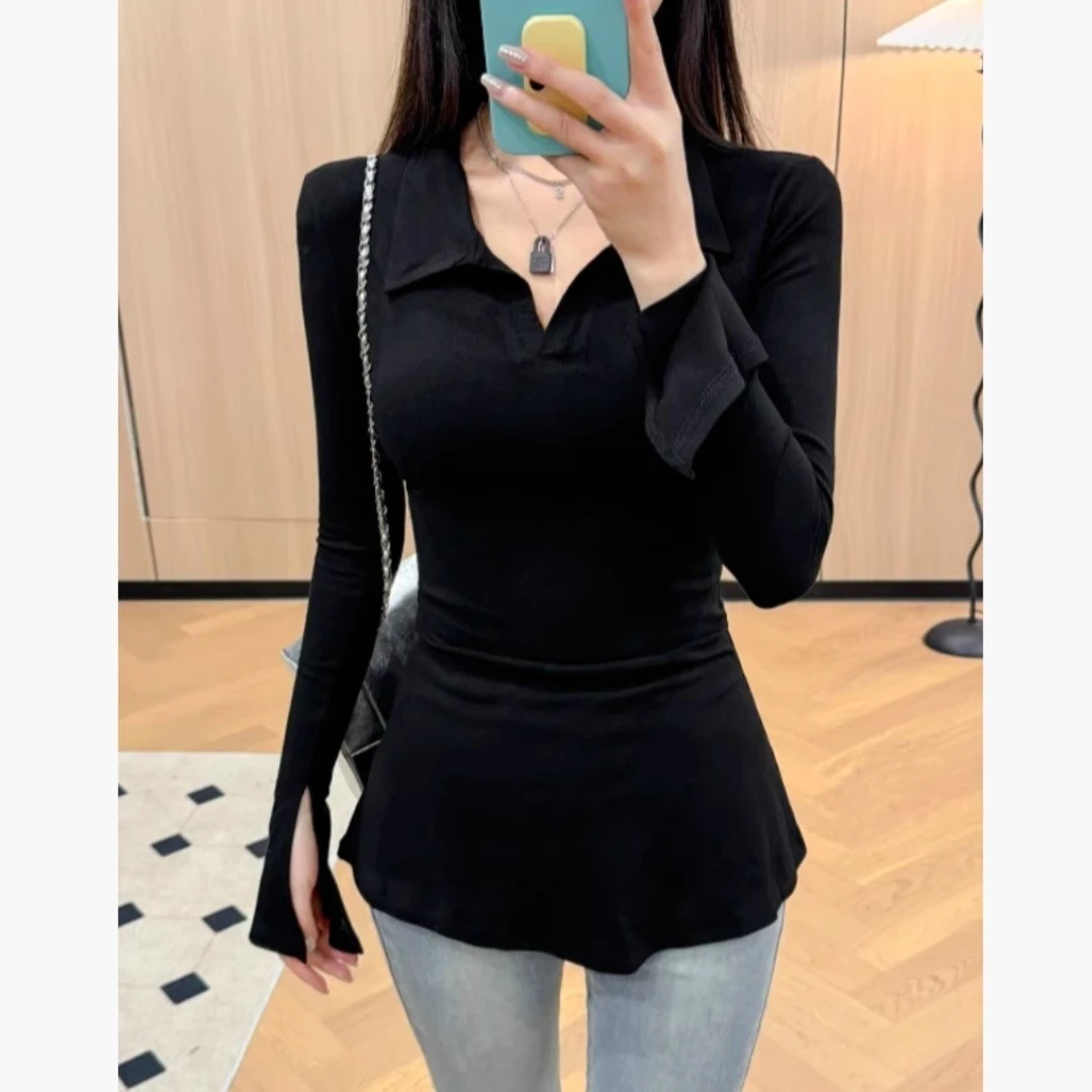 黑色正肩开叉喇叭袖大码胖mm长袖T恤女春秋新款修身显瘦打底上衣2
