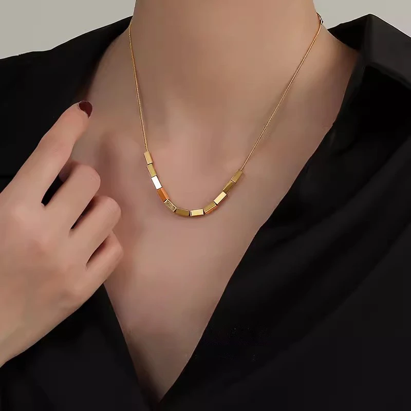 钛钢项链 欧美冷淡风金色方块项链气质锁骨链百搭潮流项链