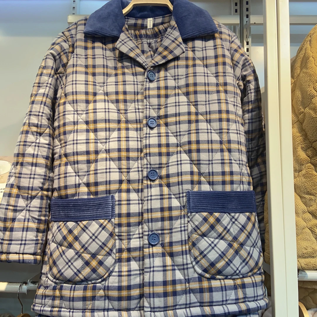 新款男士休闲时尚夹棉加绒格纹格子棉服翻领家居服睡衣套装