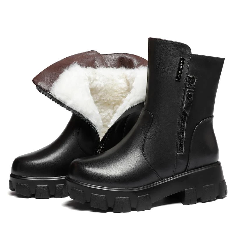 女靴皮毛一体女靴真皮羊毛短靴女厚底妈妈棉靴冬季加绒加厚保暖女