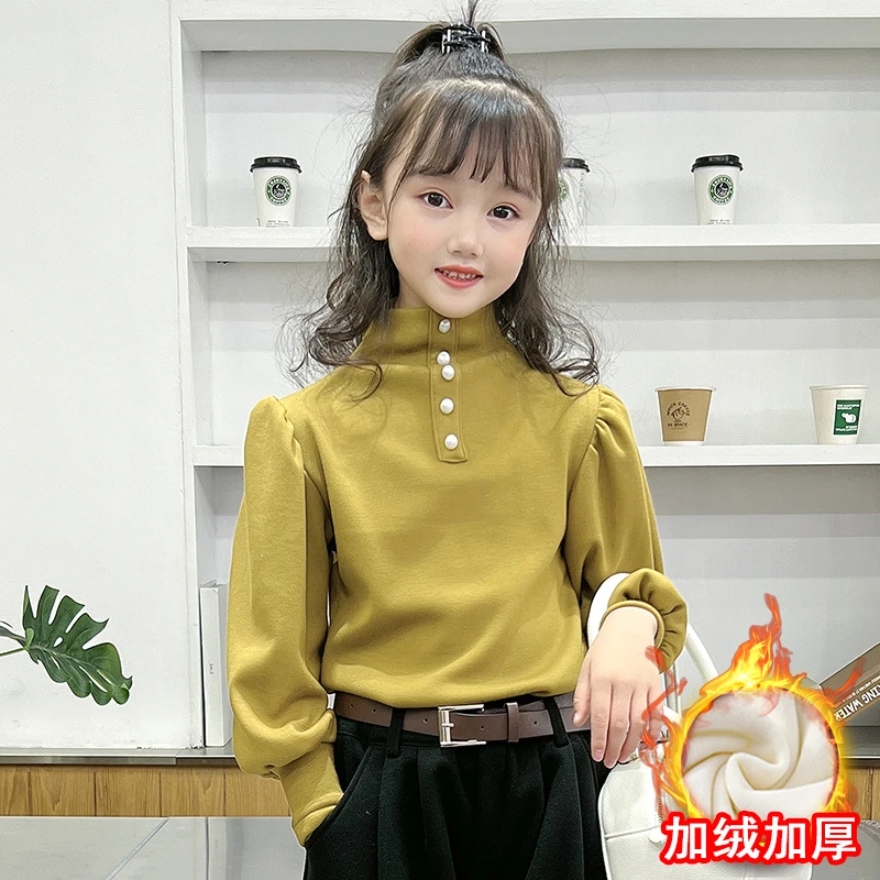 女童秋冬装打底衫加绒加厚2024新款洋气儿童设计感泡泡袖时尚上衣