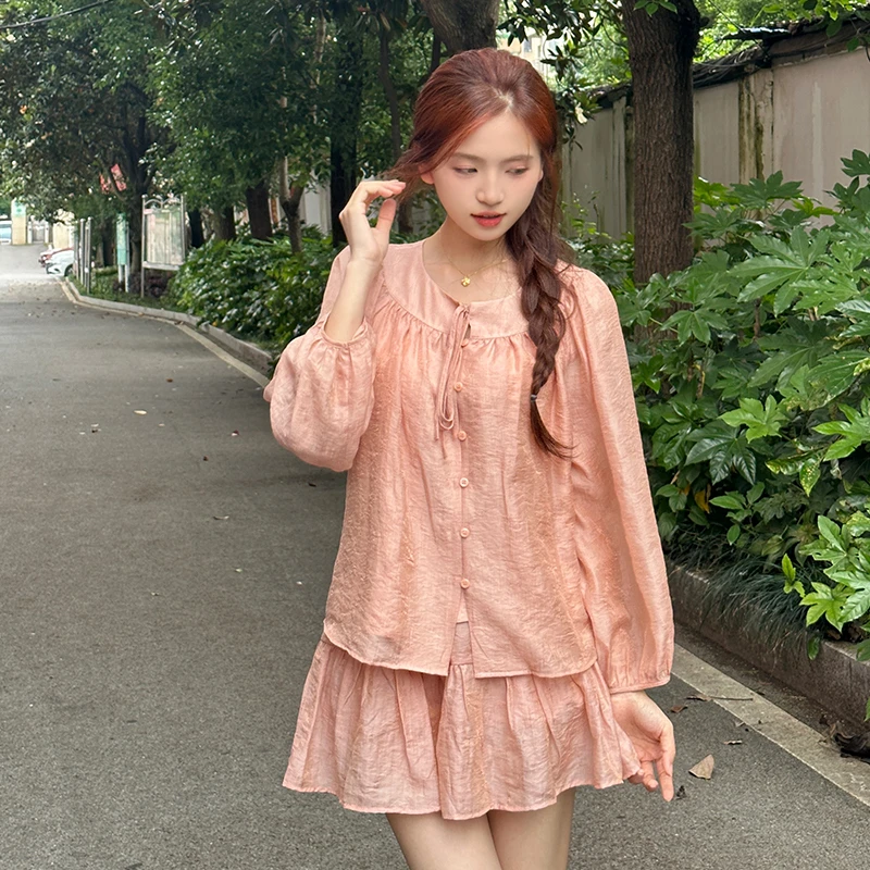 【小鹿的泡芙】甜心蜜柚 粉色衬衫长短款半裙套装宽松甜美套装