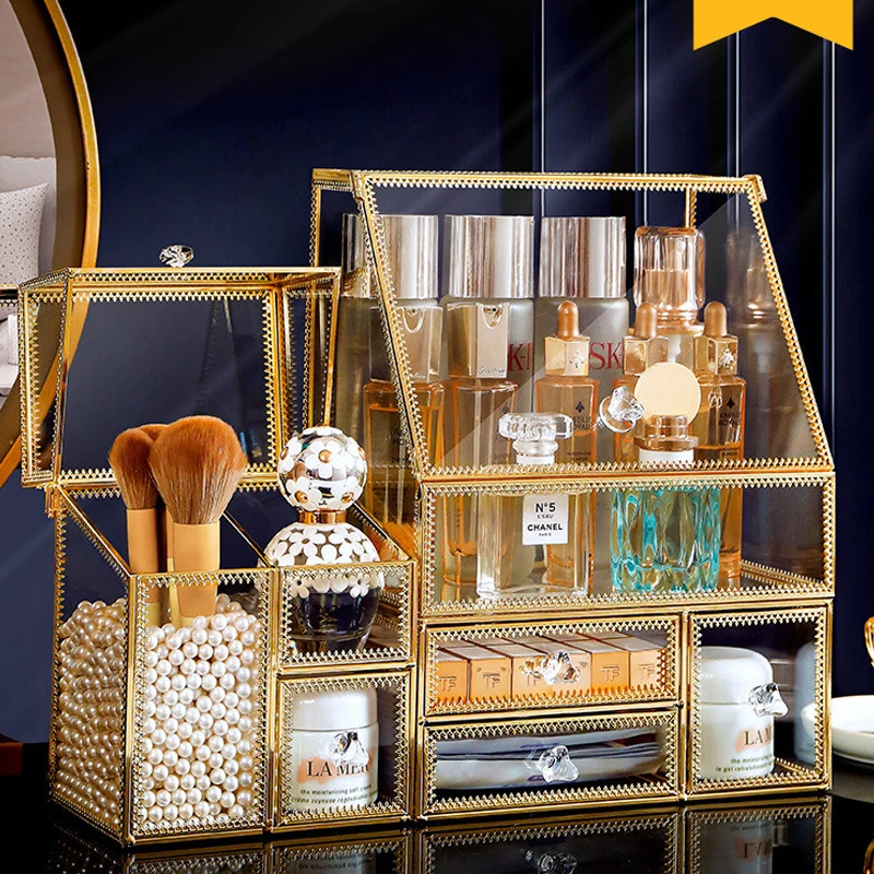 无品牌玻璃化妆品收纳盒防尘家用桌面口红梳妆台护肤品网红置物架