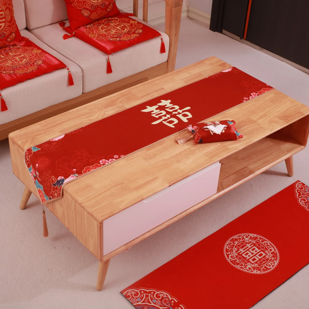 结婚桌旗金边水晶绒防滑流苏桌旗结婚装扮用品