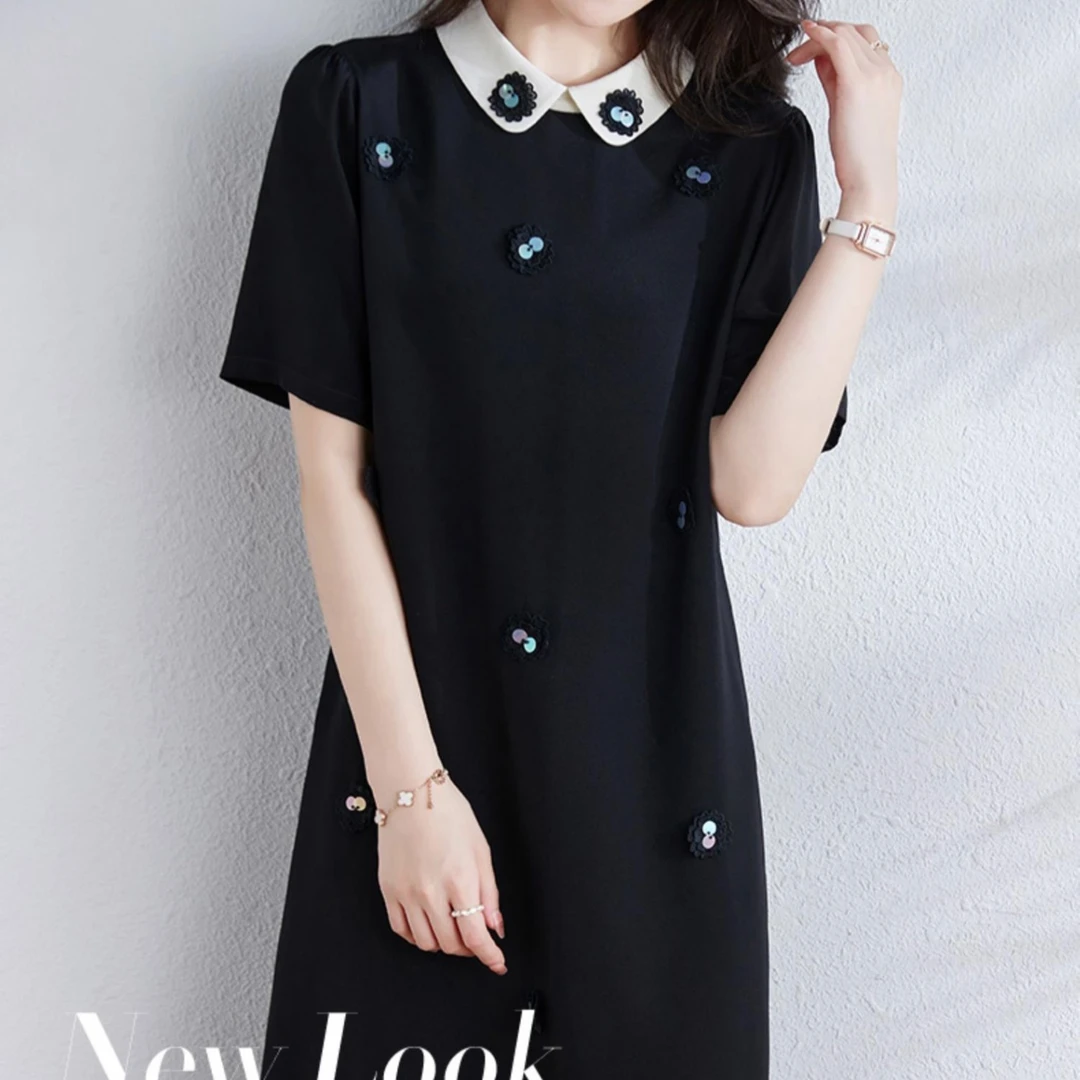 桑蚕丝连衣裙2024新品夏季黑色百搭真丝直筒裙子女装8898