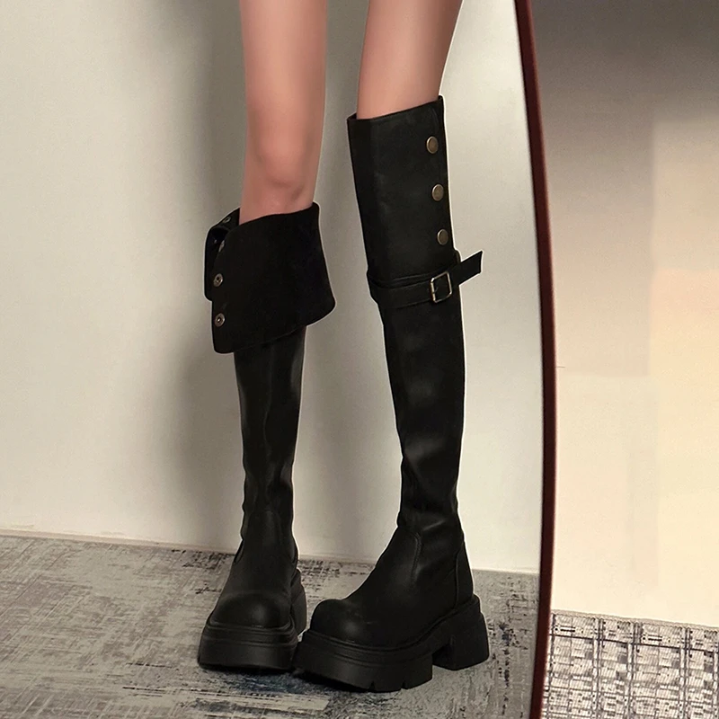 厚底增高扣带长筒靴女2025秋冬新款时尚百搭显瘦粗跟骑士过膝靴