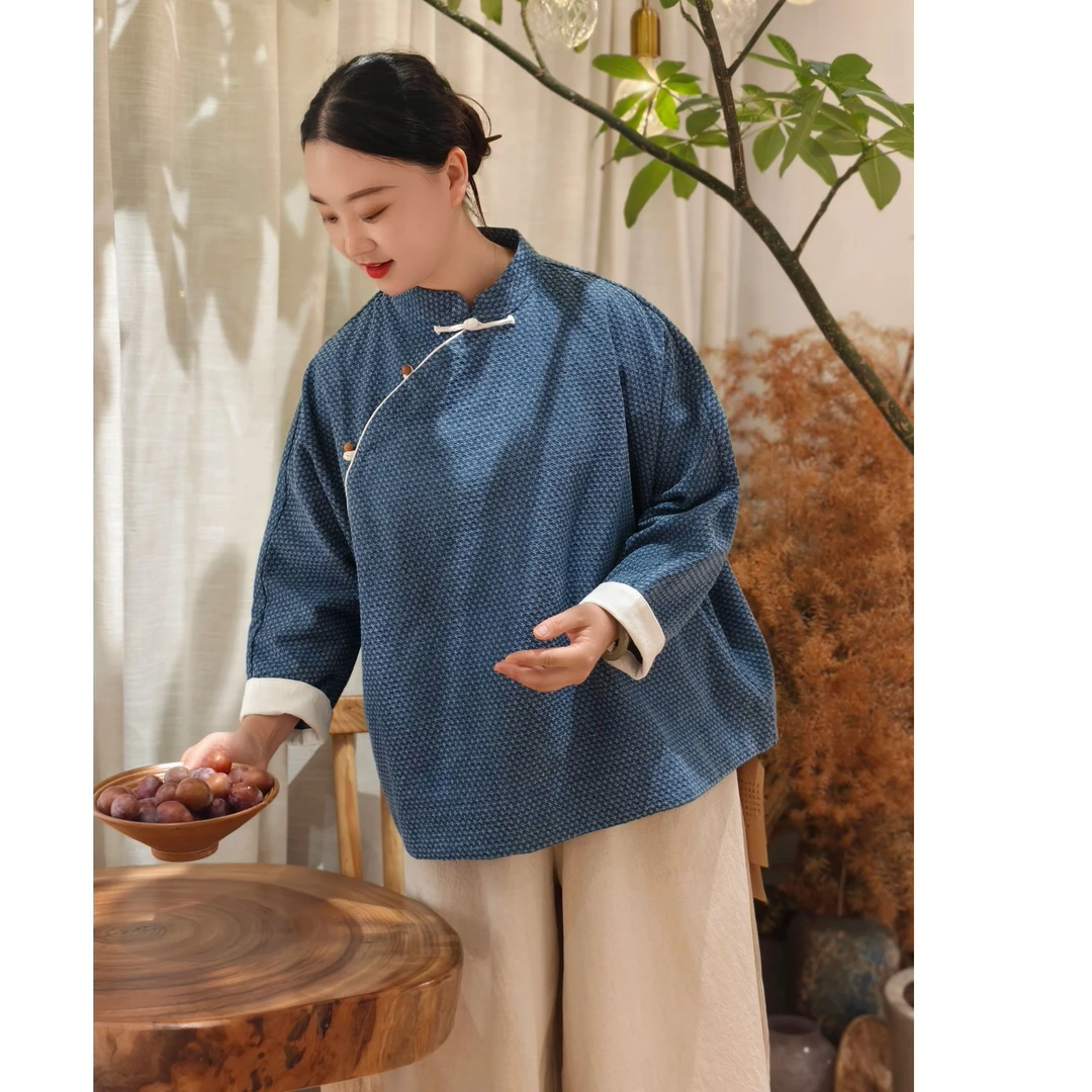 朴时如故.重工中式立体感提花牛仔盘扣上衣
