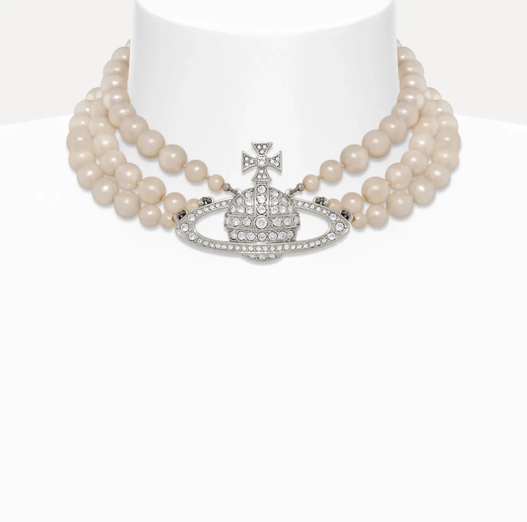 黄铜项链 西太后三层珍珠项链 银色