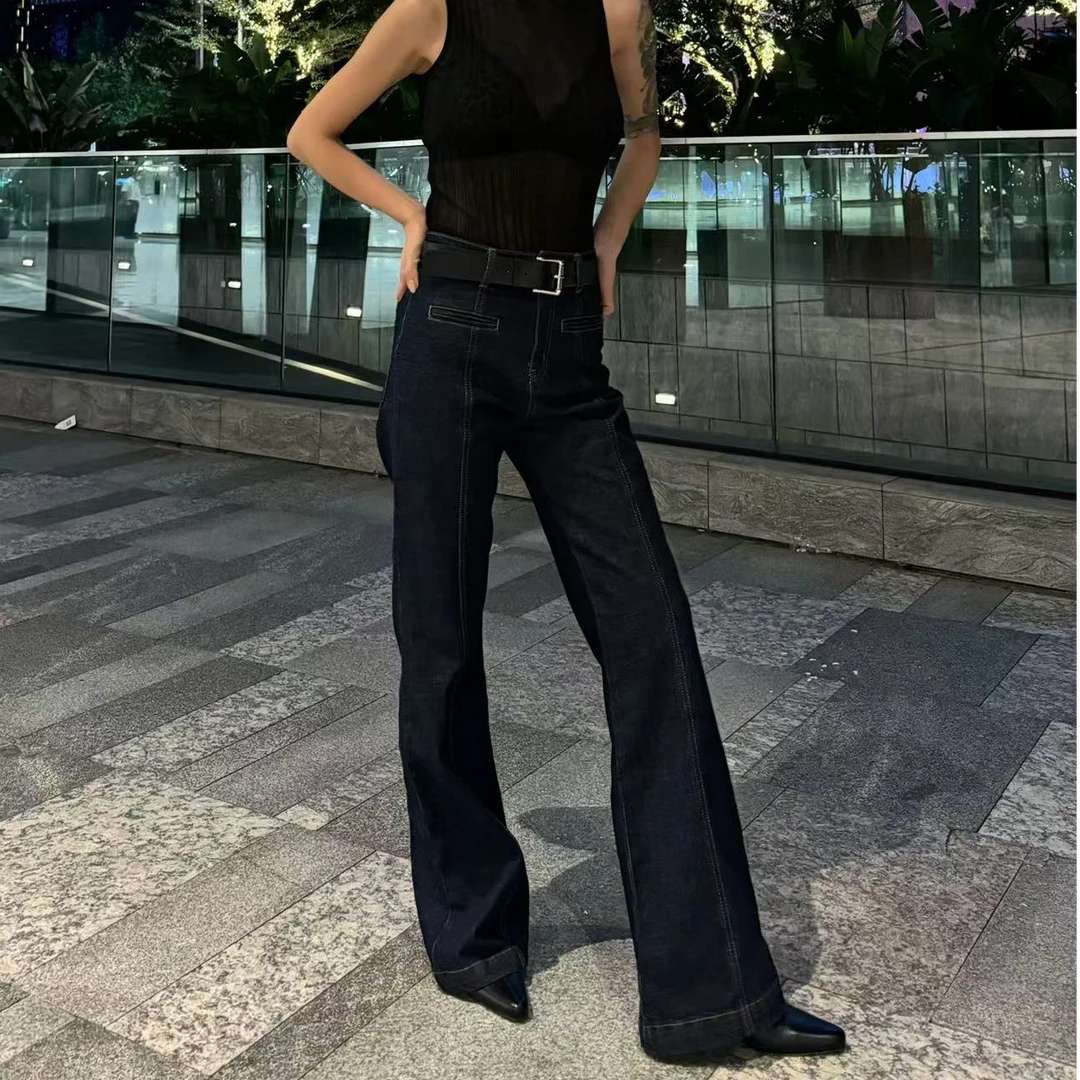 复古洋气深蓝微喇牛仔长裤9855