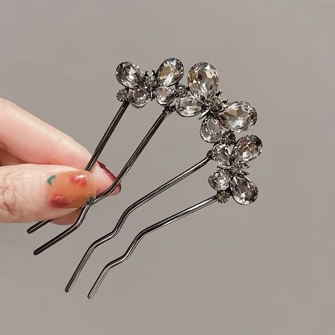 熹沁 法式高级感水晶蝴蝶U型发簪子发插发梳简约盘发发钗汉服旗袍