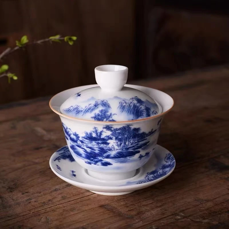 盖碗大号青花瓷三才杯陶瓷敬茶碗茶杯三炮台泡茶山水功夫茶具白瓷