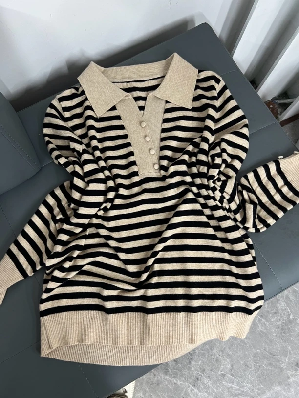 长袖针织衫251条纹时尚翻领套头百搭休闲宽松