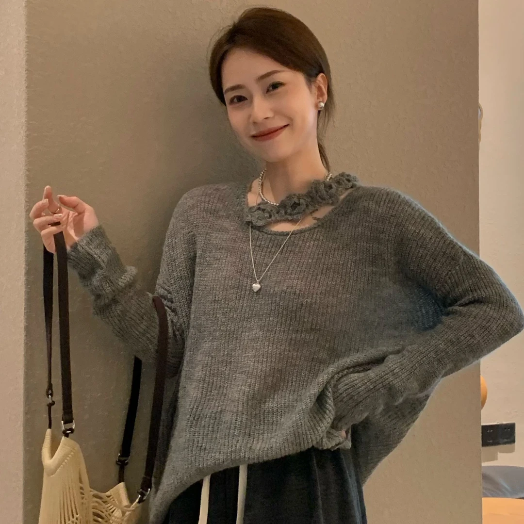 SUNCC自制 锦上添花 秋新慵懒氛围感气质舒服百搭设计感钩花毛衣