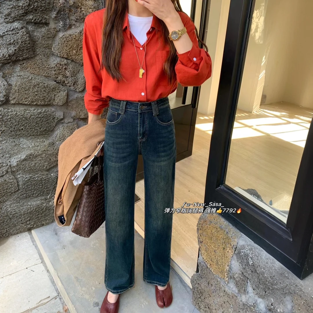 女牛仔裤大版显瘦高腰直筒时尚百搭宽松弹力水洗韩版复古