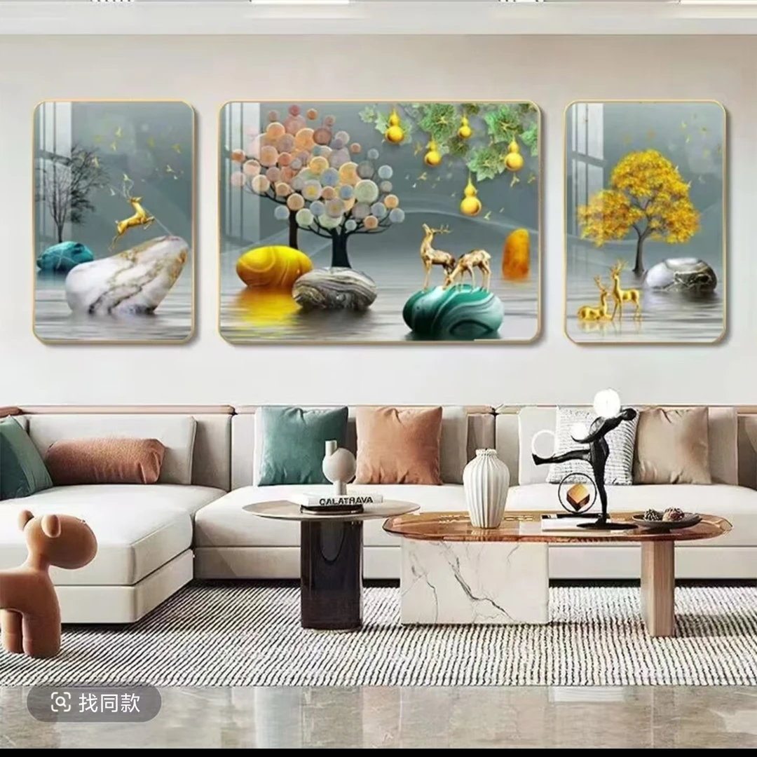 镶钻【幸福鹿】7107客厅背景墙高档三联画装饰画捡漏福利款