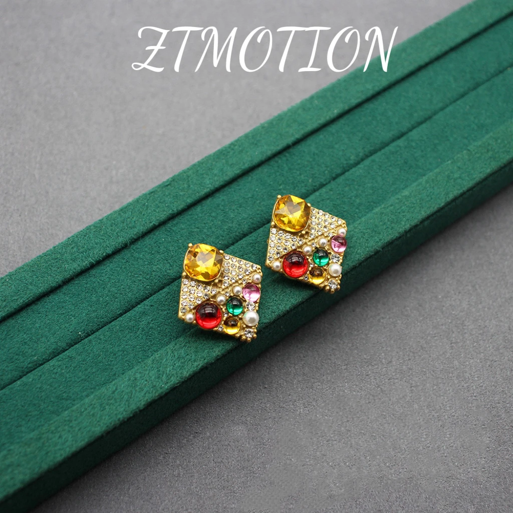 铜合金耳饰 国风彩色耳环菱形中古风镶嵌手工复古小众时尚设计师