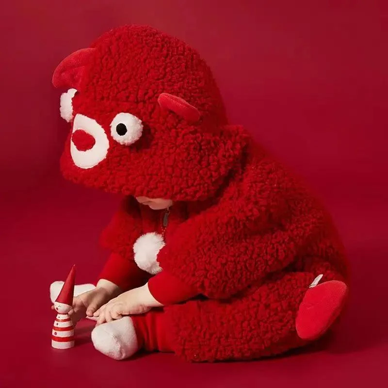 衣冬季中国风宝宝衣服外套红色连体衣超萌保暖羊羔绒连帽哈衣爬服