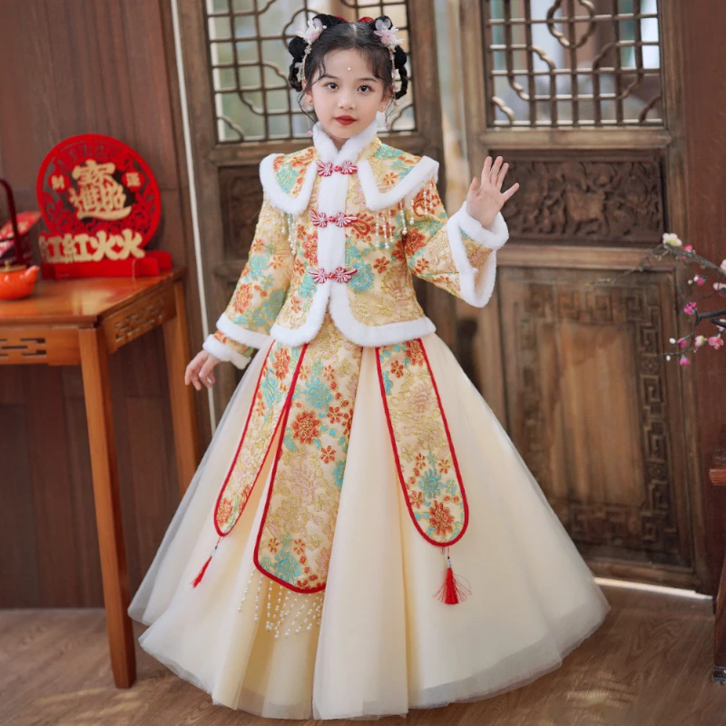 汉服女童冬装加绒古装汉服拜年服儿童加厚中国风旗袍女孩冬季唐装