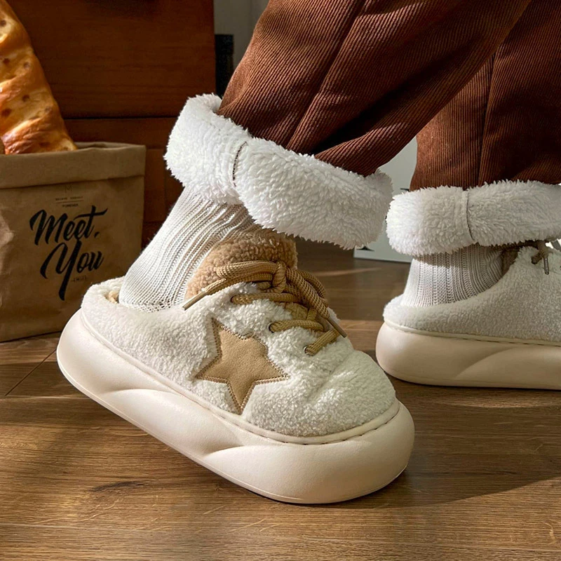 蚂蚁之恋秋冬新品时尚简约毛绒字母星星标居家外穿女款棉拖鞋